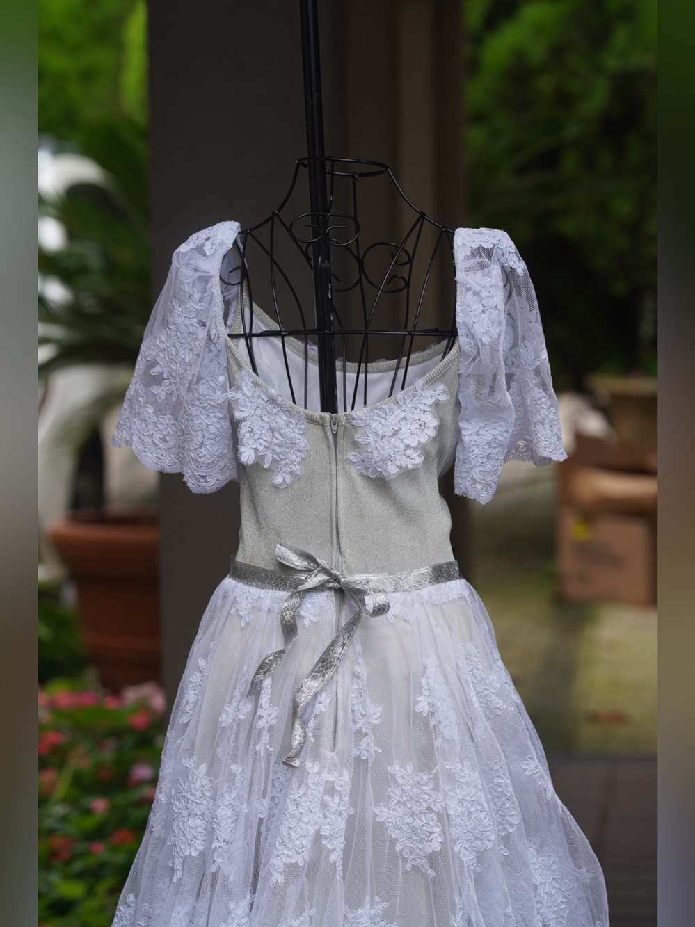 Vintage Ivory & Sage Lace Floral Appliqué Gown | Romantic Off-Shoulder Wedding - Picture 4 of 16